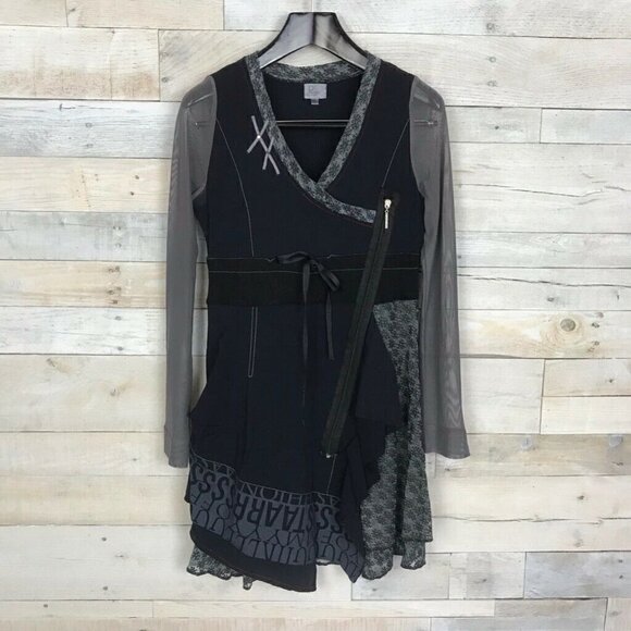 Premise Paris Faux Wrap Dress Black Gray T1 - Picture 1 of 8